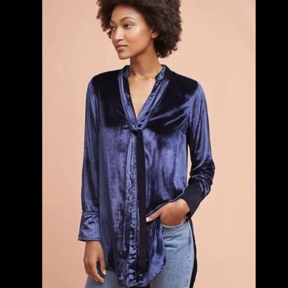 Mauve blue Tie Neck Button Down Hi Lo Tunic 4 - Picture 2 of 4